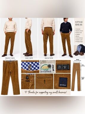 Gärdeur Men’s Corduroy Pants Brown Pleated Front 36S Short 29” Inseam Vintage